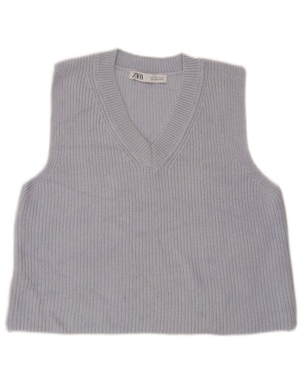 Zara Dame Crop Vest Tank Top UK 10 Small Blue Cotton