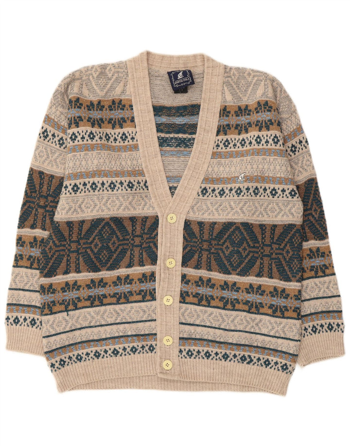 North Pole Herre Cardigan Sweater Large Beige Fair Isle Wool