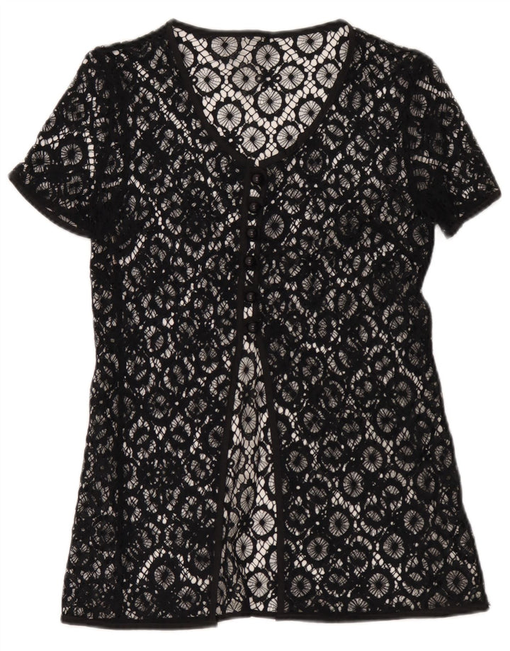 Vintage Dame Gennemsigtig Skjorte Bluse UK 10 Lille Sort Geometrisk
