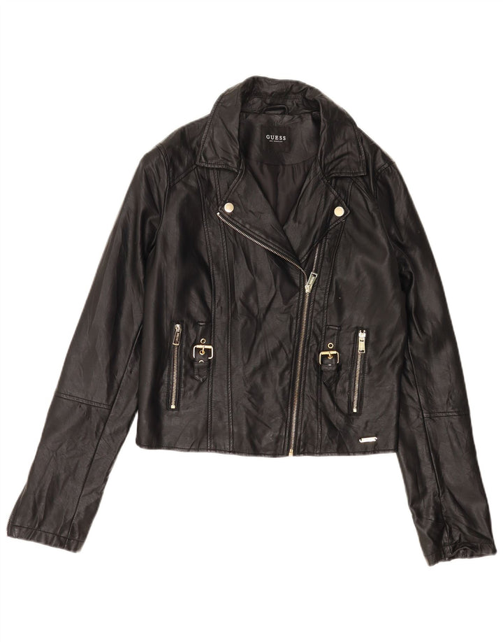 Guess Womens Crop Faux Leather Biker Jacket UK 12 Medium Black Polyurethane