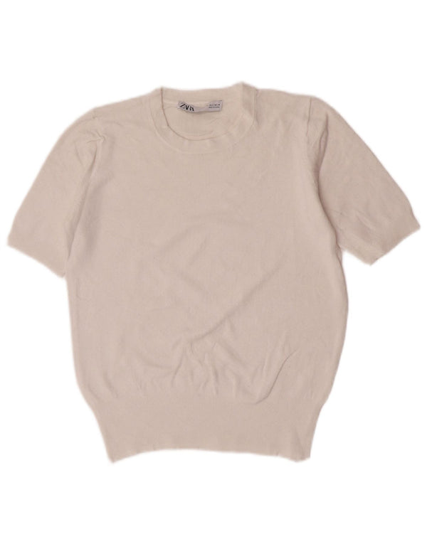 Zara Womens Crop Kortærmet Jumper Sweater med rund hals UK 10 Small White
