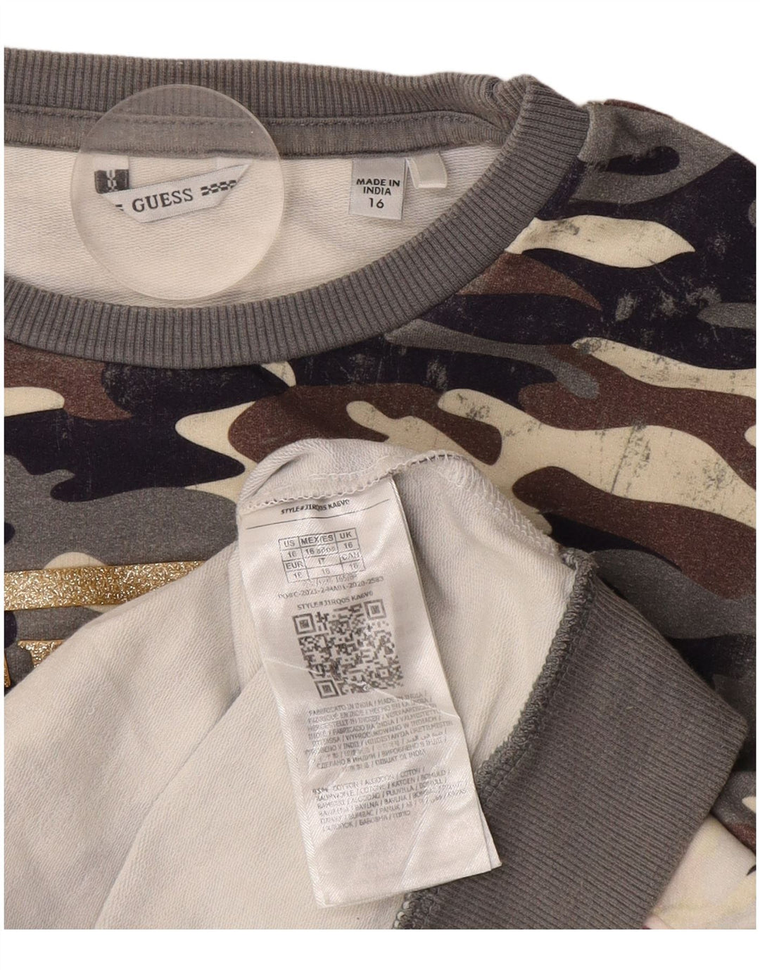 GUESS Womens Crop Graphic Sweatshirt Jumper UK 16 Large Grey Camouflage