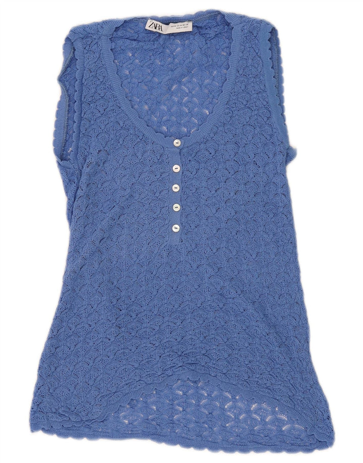 Zara Dame Ærmeløs Hæklet Bluse Top UK 12 Medium Blue