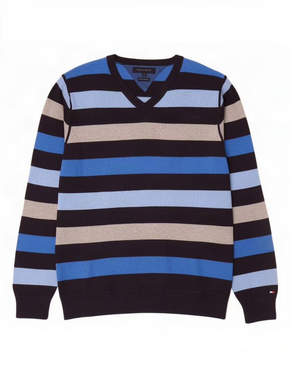 Tommy Hilfiger Mens V-Neck Jumper Sweater XL Navy Blue Striped Cotton