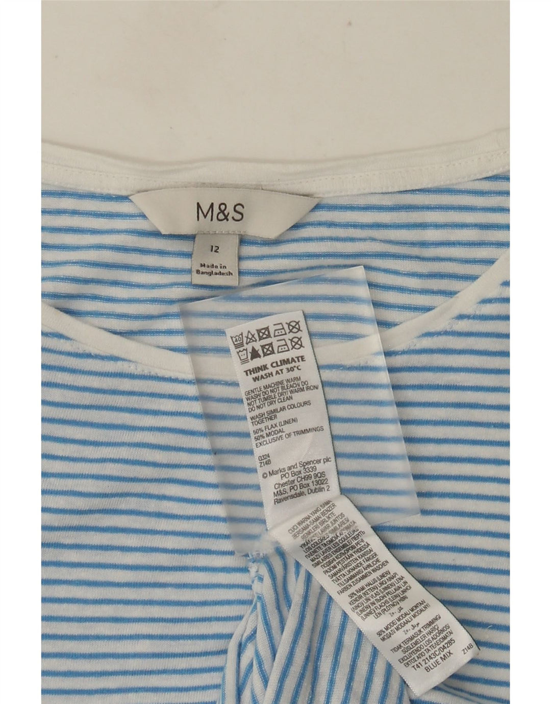 Marks & Spencer T-shirt top til kvinder UK 12 Mellemblå stribet linned