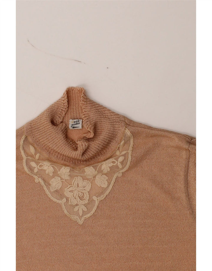 VINTAGE Womens Turtle Neck Jumper Sweater UK 12 Medium Beige Floral Vintage Vintage and Second-Hand Vintage from Messina Hembry 