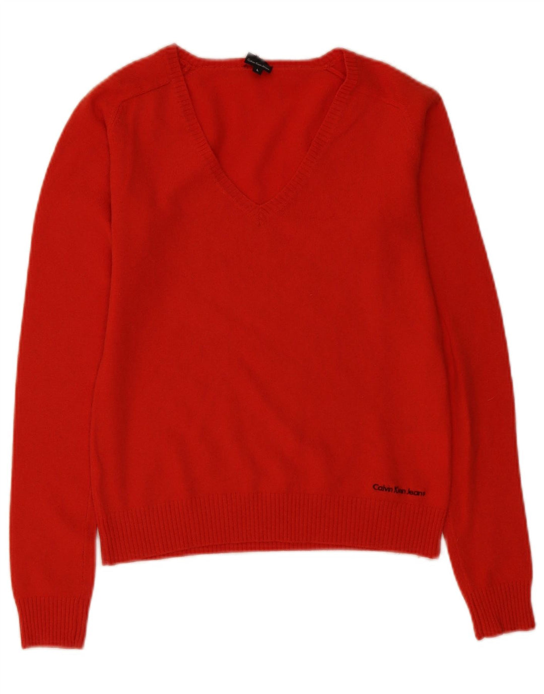 Calvin Klein Dame V-hals Jumper Sweater UK 16 Large Red Cashmere