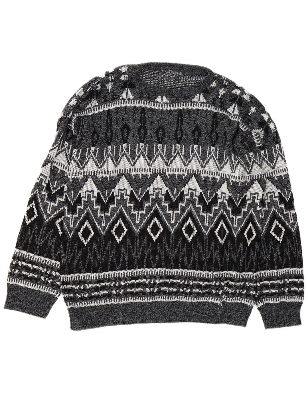 Vintage Herre Boat Neck Jumper Sweater Stor Grå Geometrisk