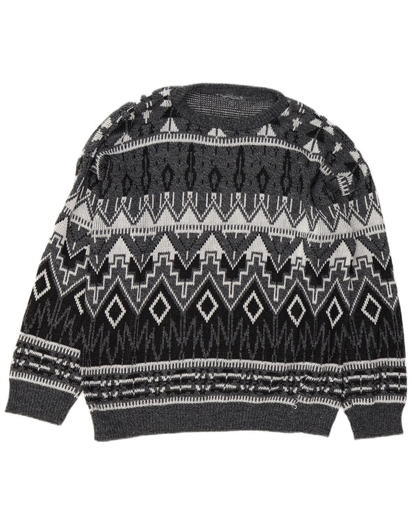 Vintage Herre Boat Neck Jumper Sweater Stor Grå Geometrisk