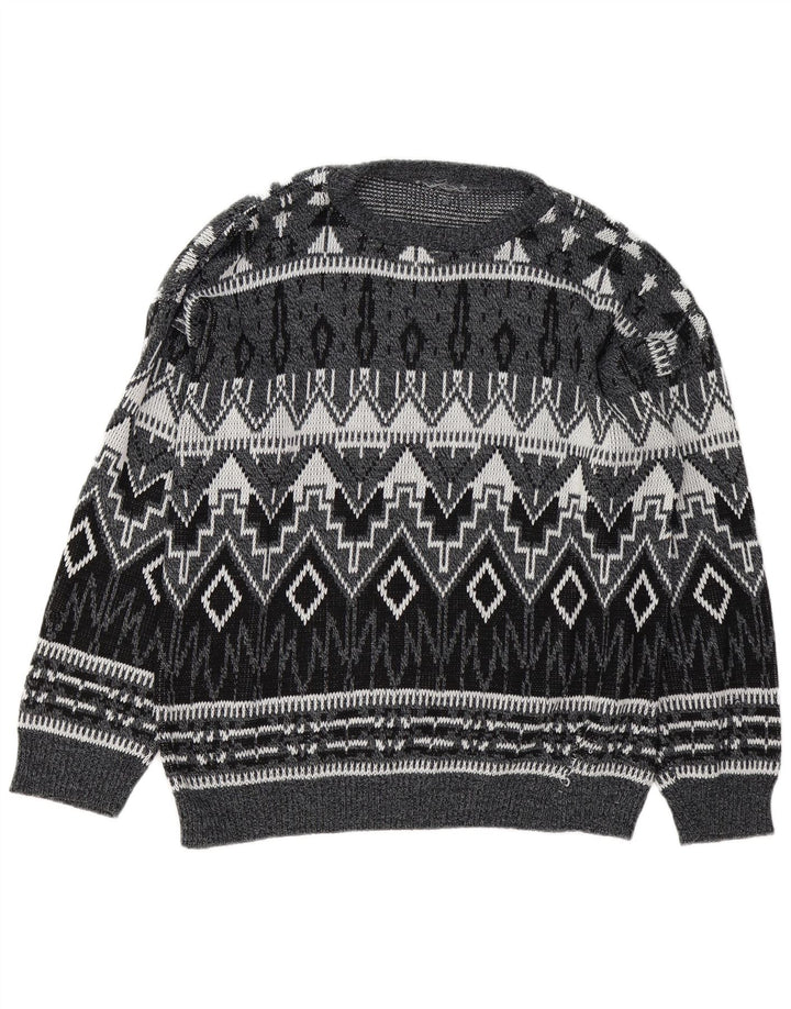 Vintage Herre Boat Neck Jumper Sweater Stor Grå Geometrisk