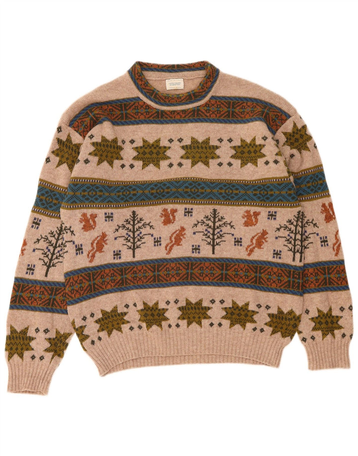 Benetton Herre trøjetrøje med rund hals Medium Beige Fair Isle Wool