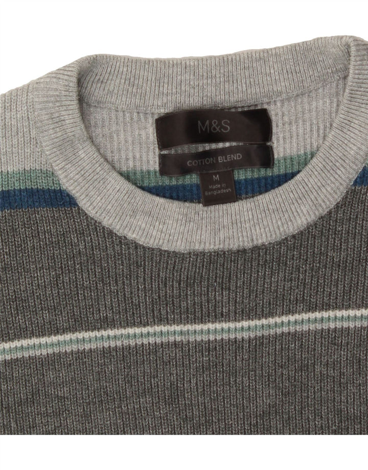MARKS & SPENCER Mens Crew Neck Jumper Sweater Medium Grey Striped Cotton Vintage Marks & Spencer and Second-Hand Marks & Spencer from Messina Hembry 