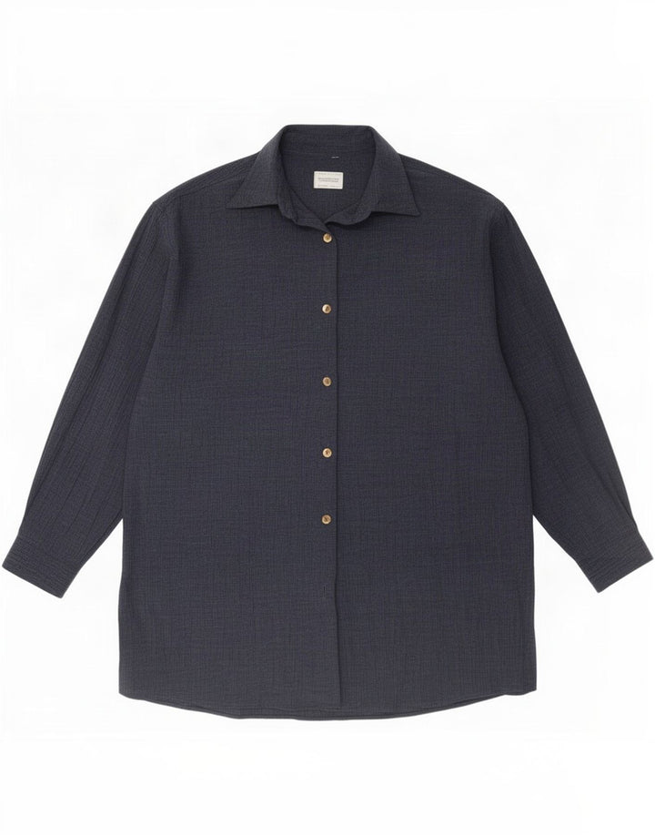 Benetton Womens Longline Shirt UK 16 Large Navy Blue Polyester