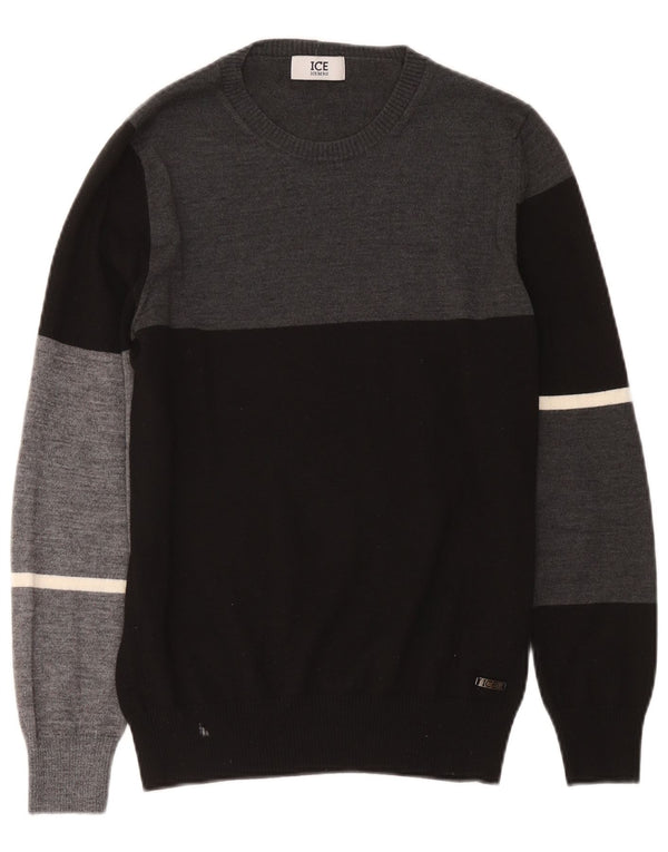 Iceberg Herre Crew Neck Jumper Sweater Medium Sort Colourblock Uld