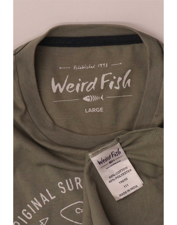 Weird Fish Herre grafisk T-shirt Top Stor Khaki Bomuld