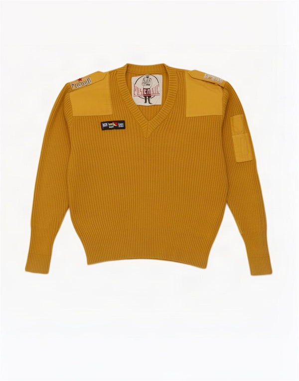 Vintage Mens Military V-Neck Jumper Sweater Medium Yellow Cotton