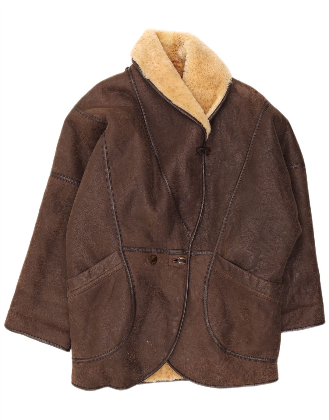 Vintage Dame Oversized Shearling Coat EU 42 Large Brown Shearling