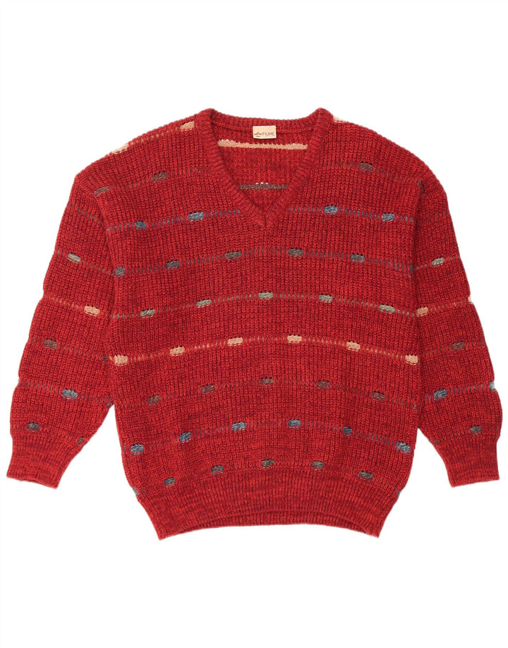 FIUME Herre V-hals sweater IT 52 Stor Bourgogne stribet uld