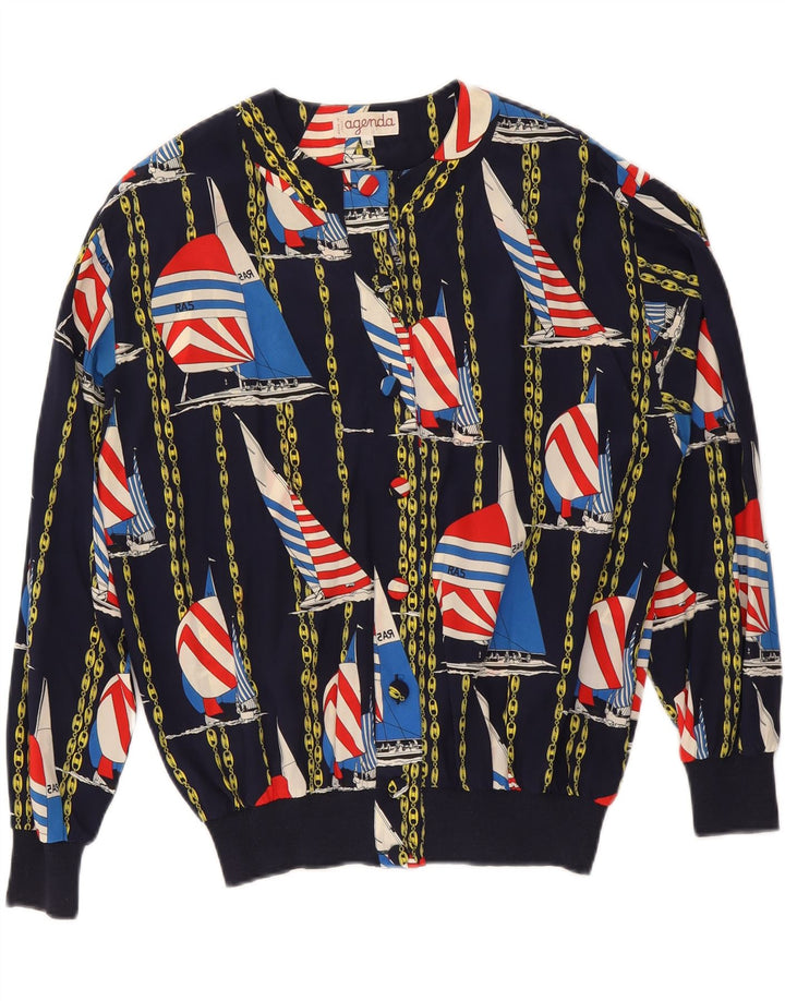 AGENDA Kvinders abstrakt mønster bombeflyjakke IT 42 Medium Navy Blue Silke