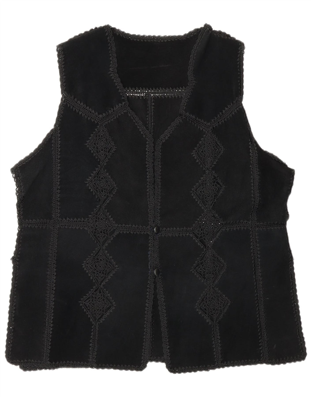 Vintage dame ruskind Gilet UK 16 Large Black Patchwork