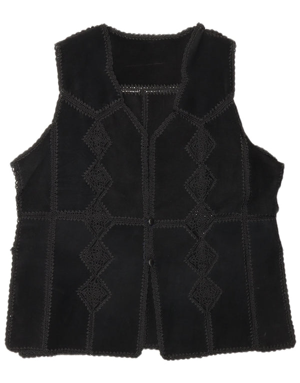 Vintage dame ruskind Gilet UK 16 Large Black Patchwork
