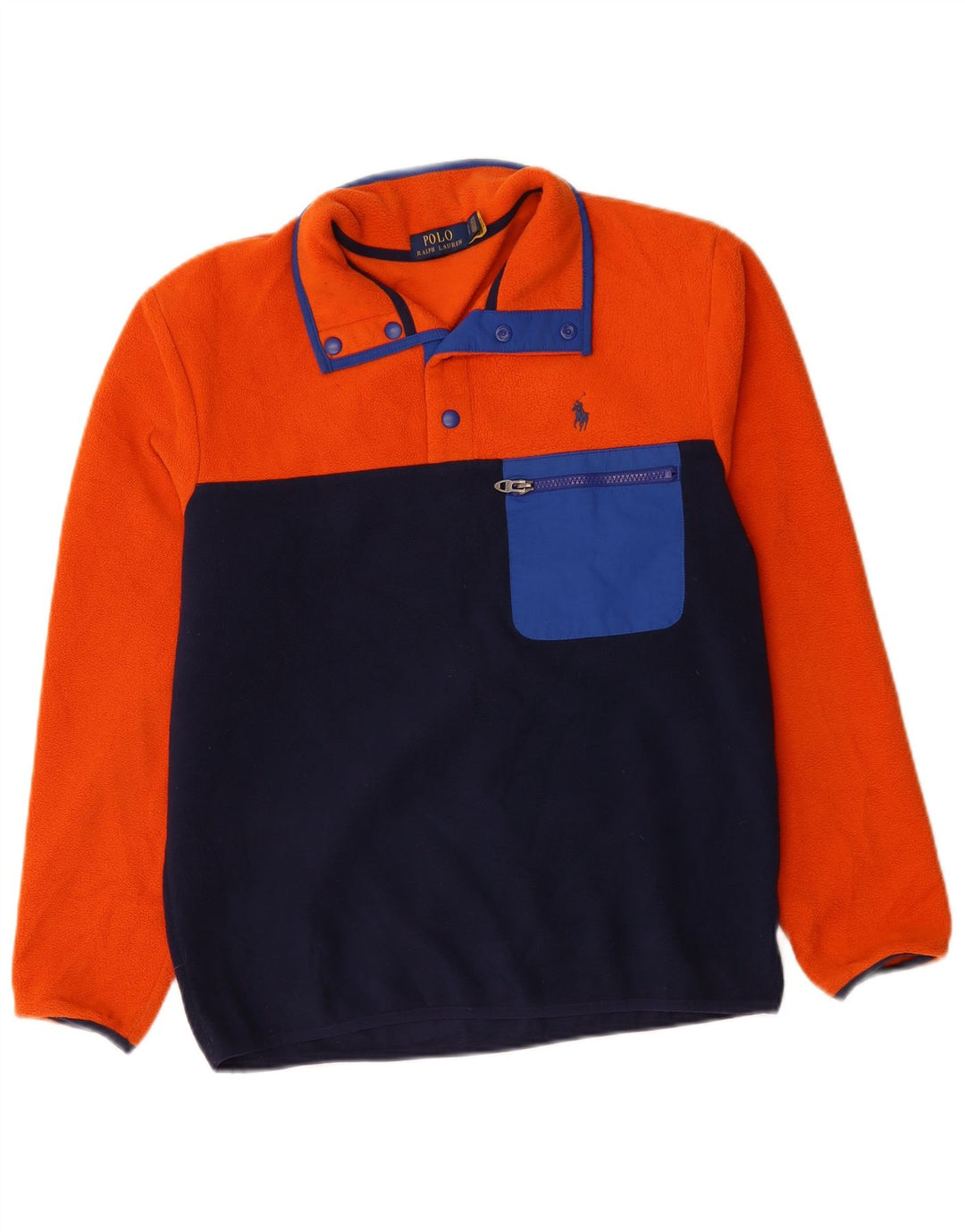 POLO RALPH LAUREN Herre Button Neck Fleece Jumper Small Orange Colourblock