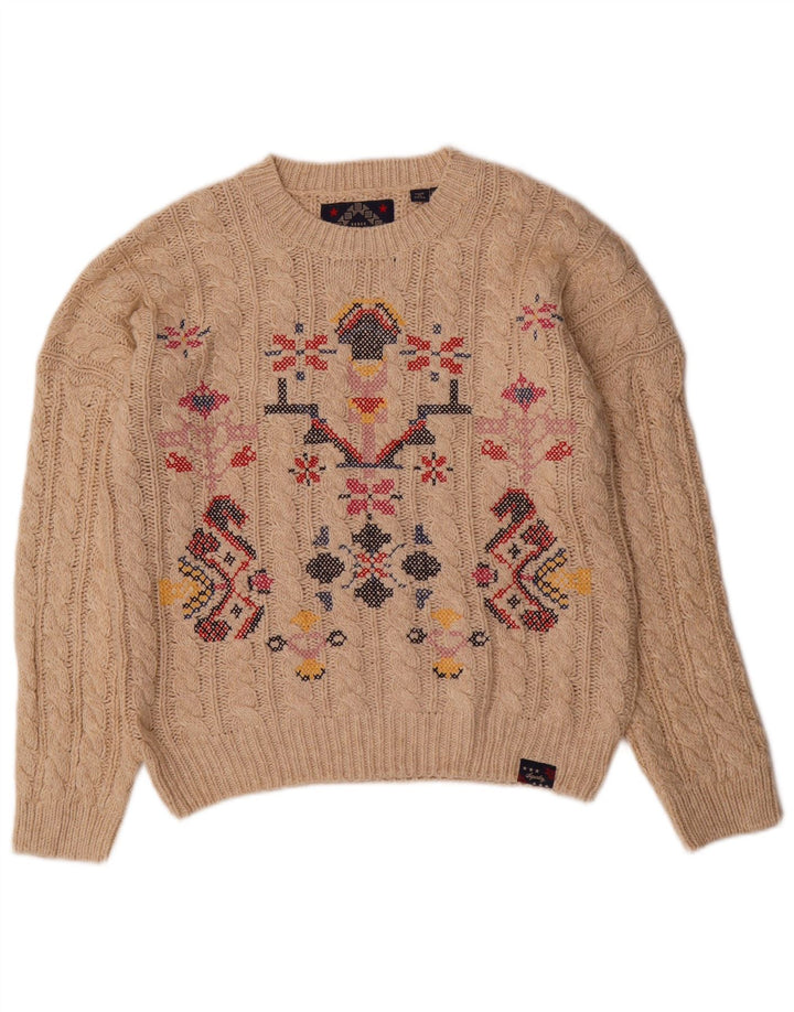 SUPERDRY Dame sweater med rund hals DK 12 Medium Beige Fair Isle