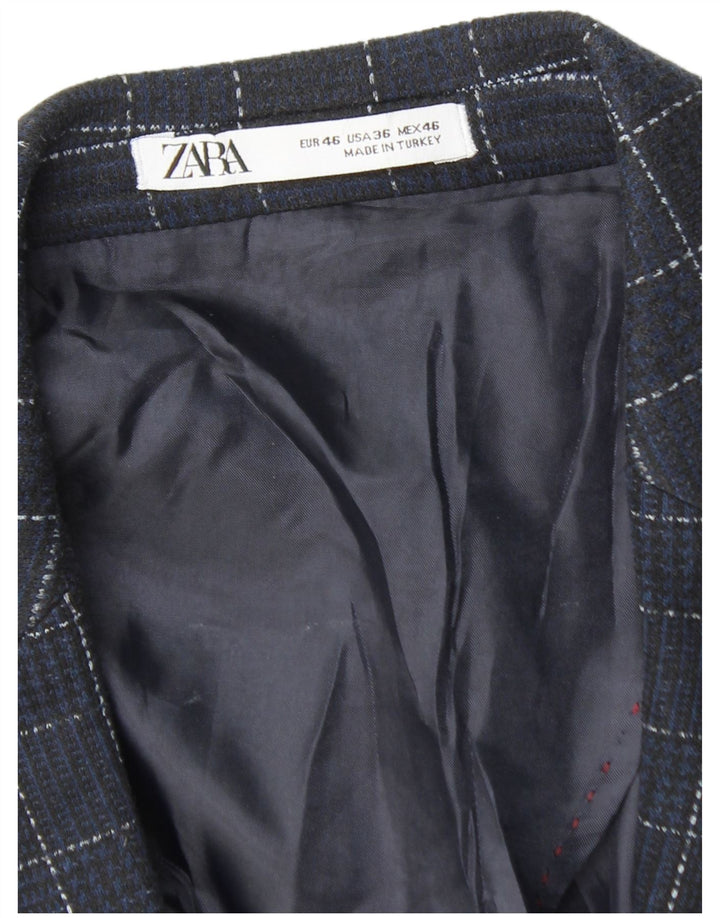 ZARA Mens 2 Button Blazer Jacket EU 46 Small Navy Blue Check Polyester