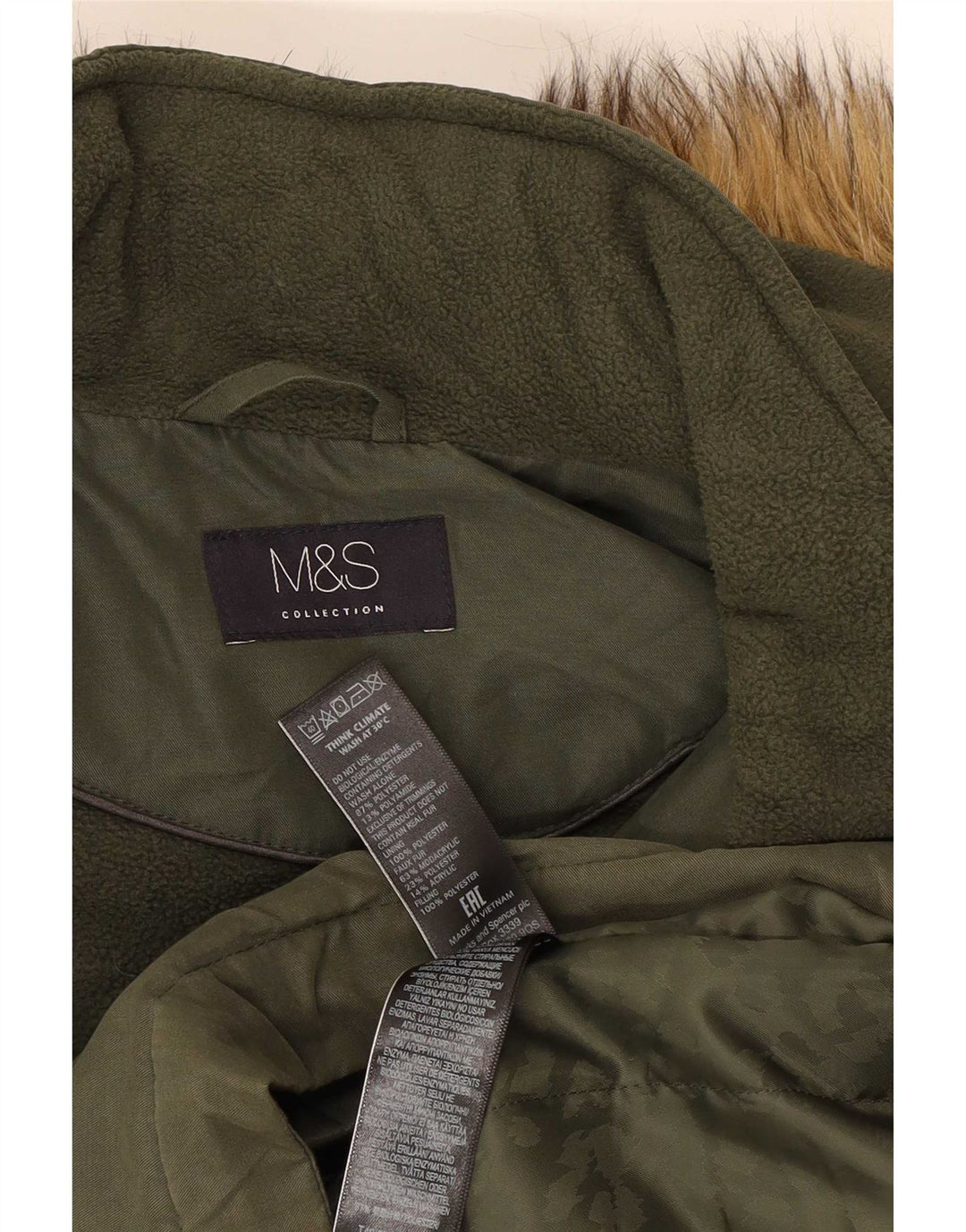 Marks & Spencer Dame Parkajakke med hætte UK 16 Stor Khaki Polyester