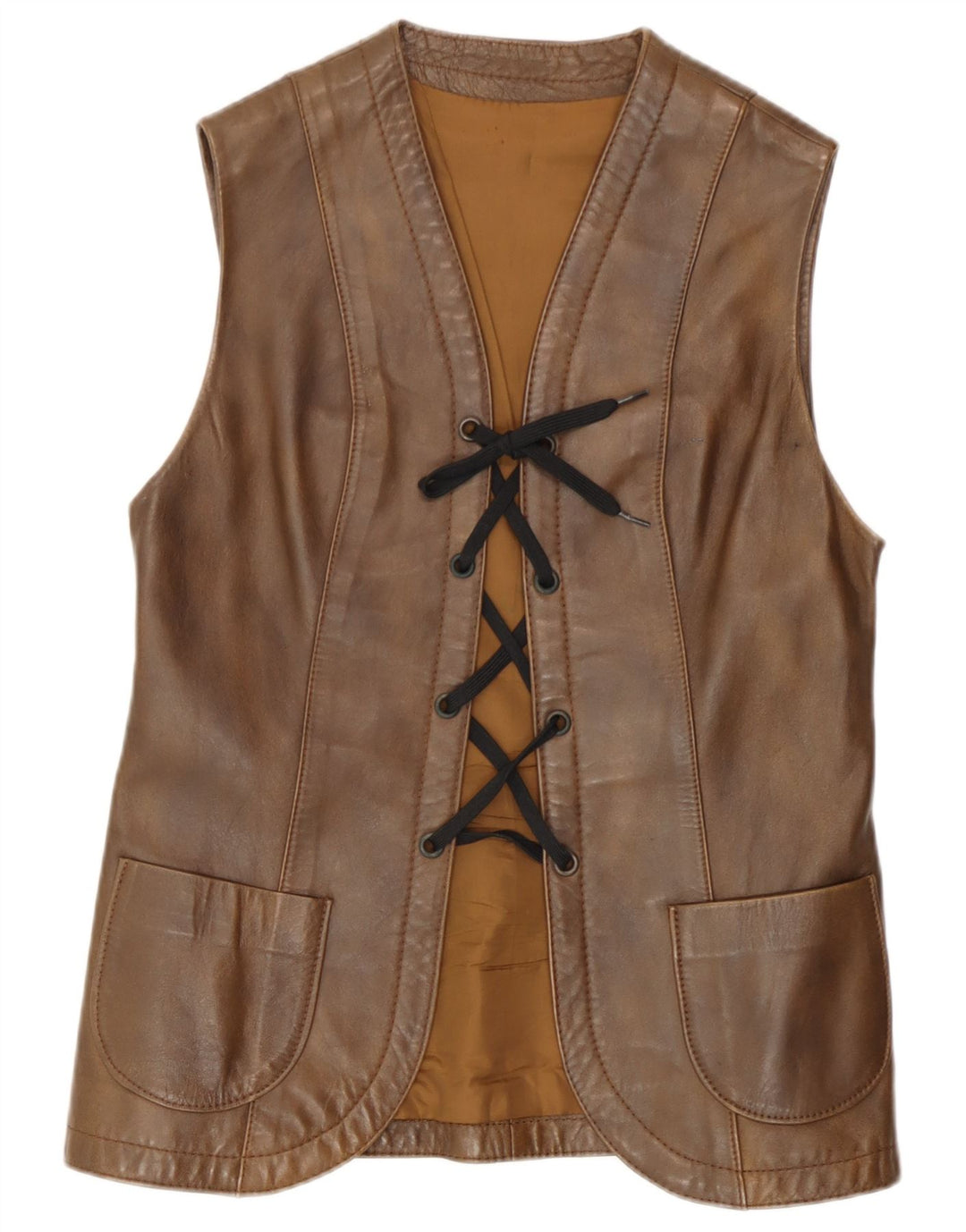 Vintage Dame Læder Gilet UK 12 Medium Brun