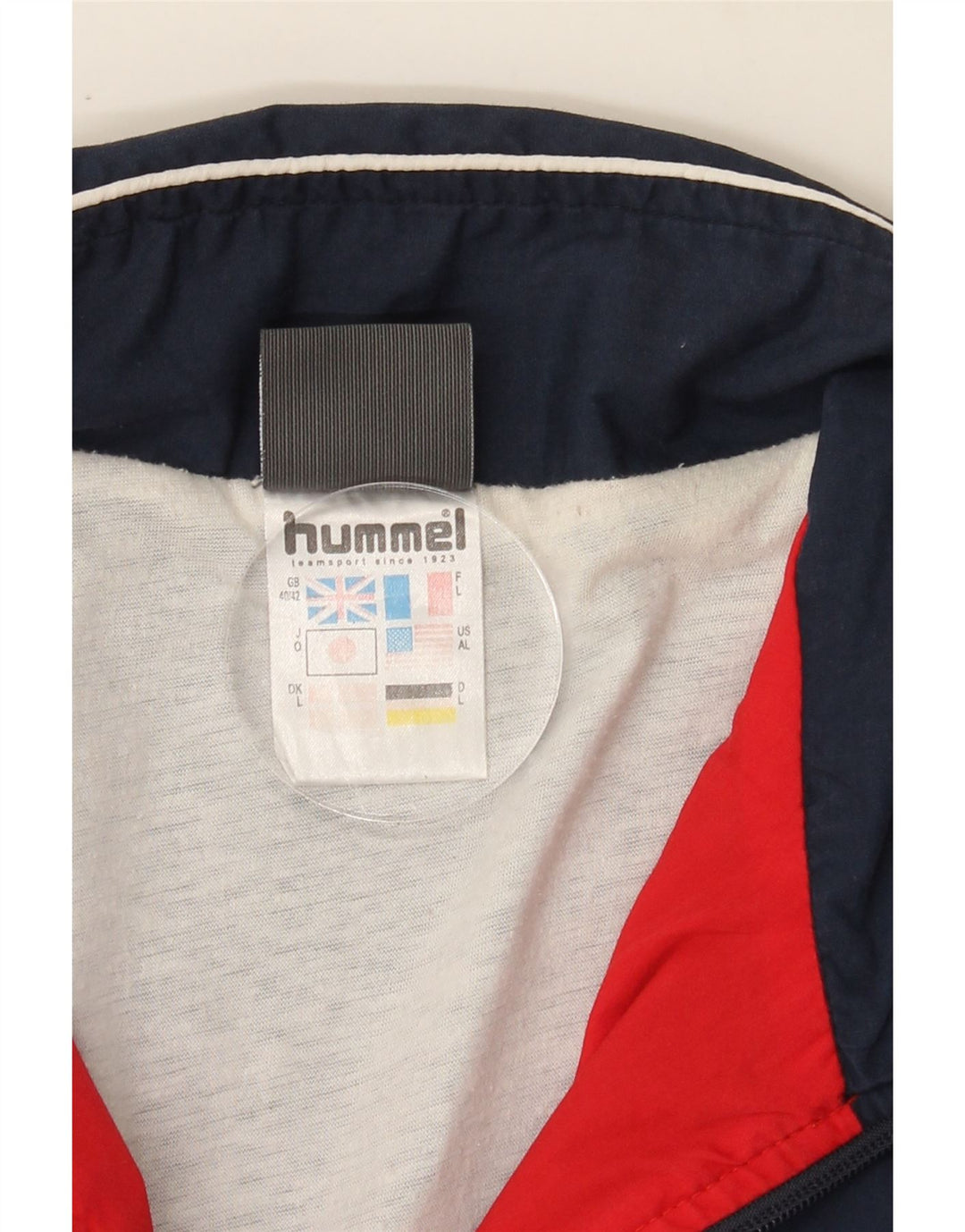 HUMMEL Mens Tracksuit Top Jacket UK 40/42 Large Navy Blue Colourblock Vintage Hummel and Second-Hand Hummel from Messina Hembry 