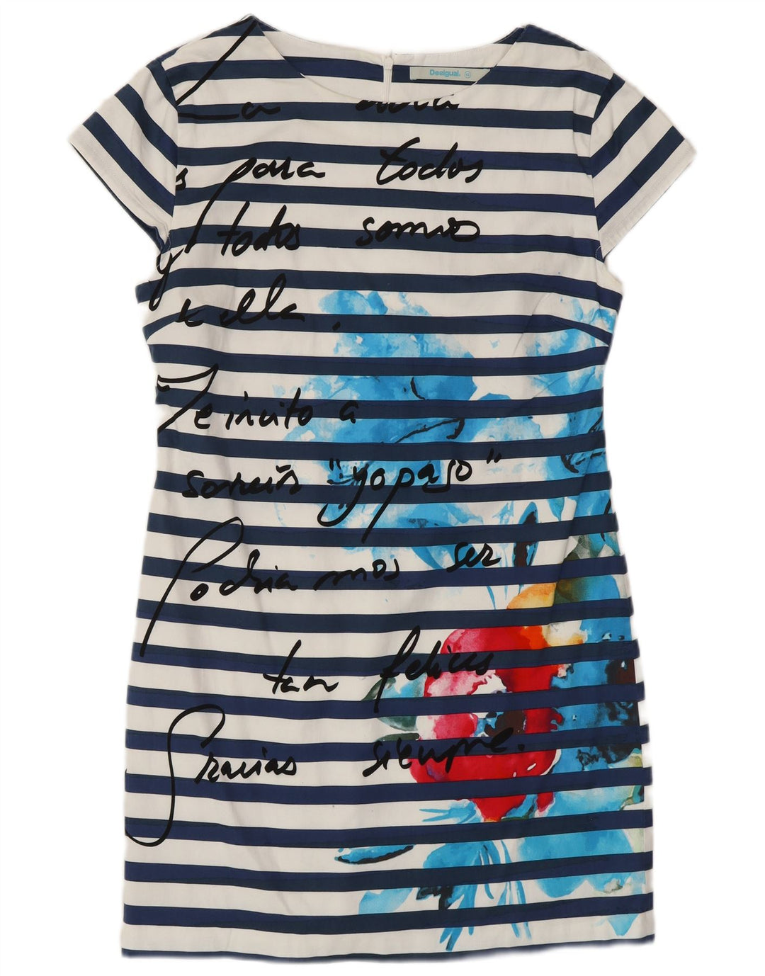 DESIGUAL Womens Graphic Sheath Dress EU 42 Large Navy Blue Striped