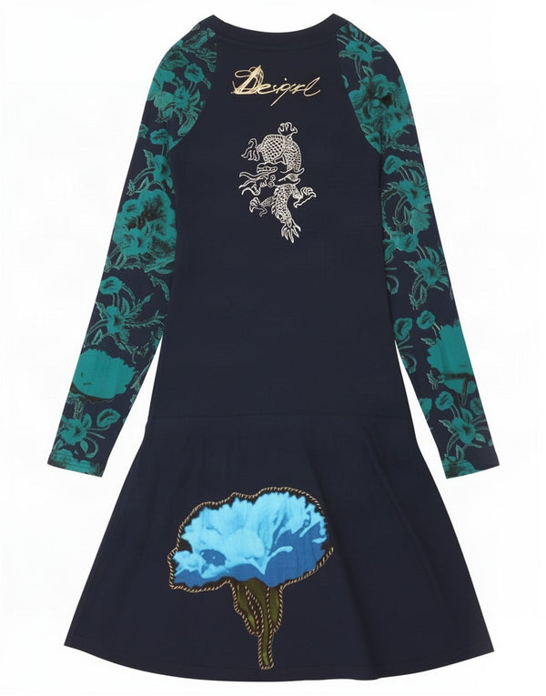 Desigual Kvinders Grafisk Langærmet A-Line Kjole UK 4 XS Navy Blue Floral