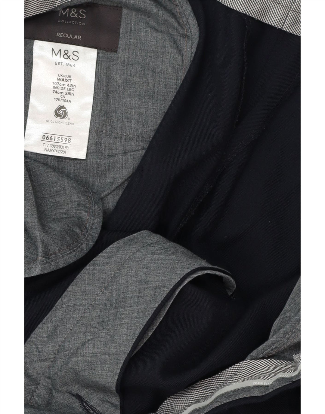 MARKS & SPENCER Herre Regular Fit Suit Bukser W42 L29 Marineblå Uld