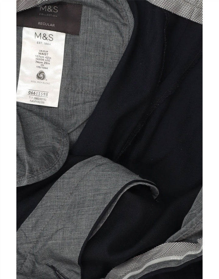 MARKS & SPENCER Herre Regular Fit Suit Bukser W42 L29 Marineblå Uld