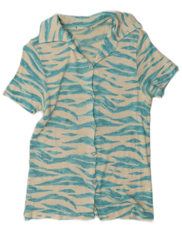 Vintage kortærmet skjorte til kvinder UK 14 Medium Blue Animal Print Viscose