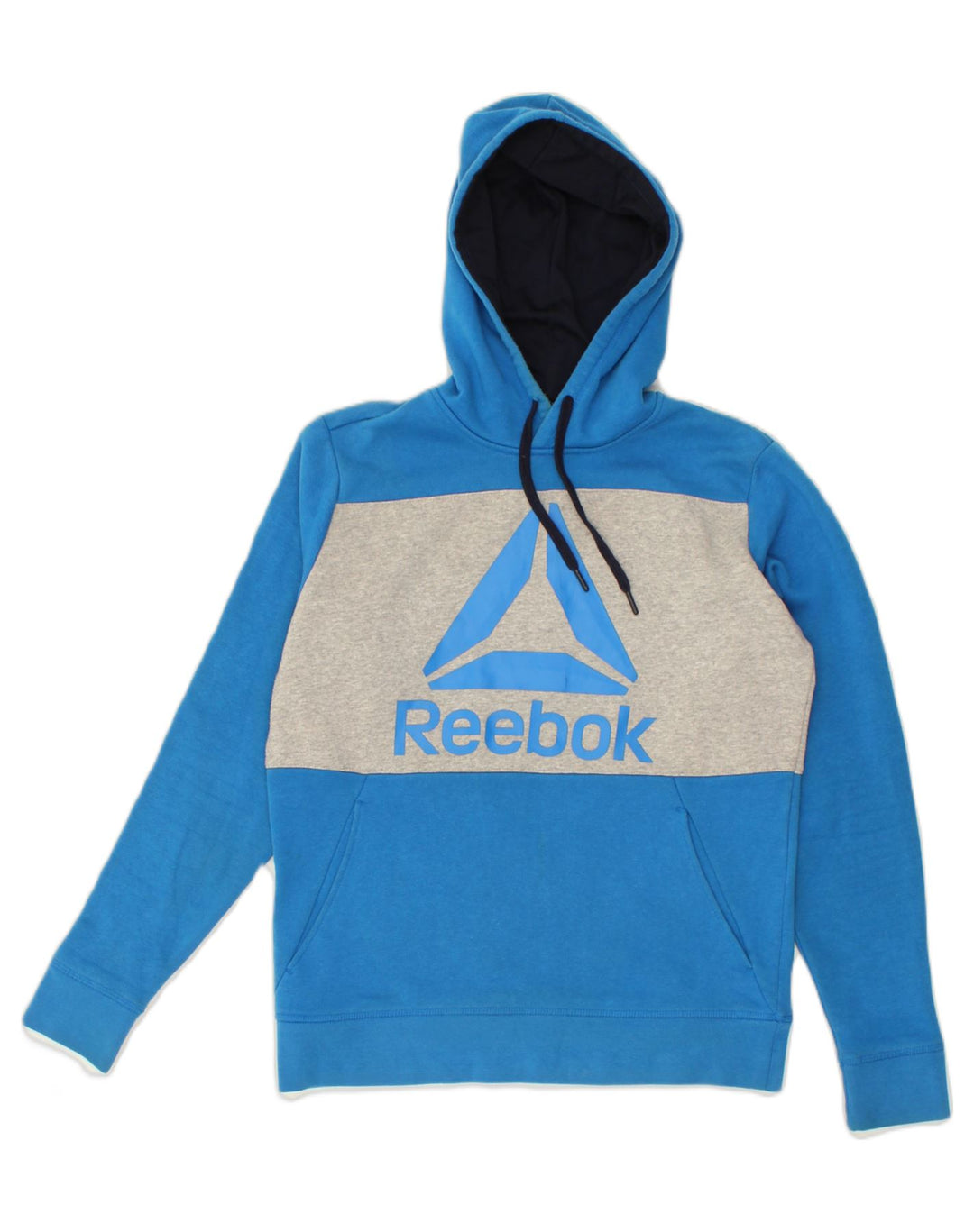 REEBOK Mens Graphic Hoodie Jumper Small Blue Colourblock Cotton | Vintage Reebok | Thrift | Second-Hand Reebok | Used Clothing | Messina Hembry 