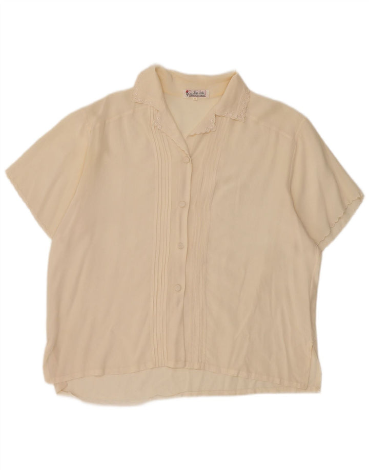 Vintage kvinders kortærmet skjortebluse UK 14 Medium Off White Silke