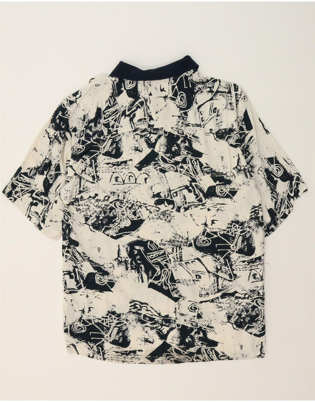 VINTAGE Mens Abstract Pattern Polo Shirt Medium Navy Blue Viscose Vintage Vintage and Second-Hand Vintage from Messina Hembry 