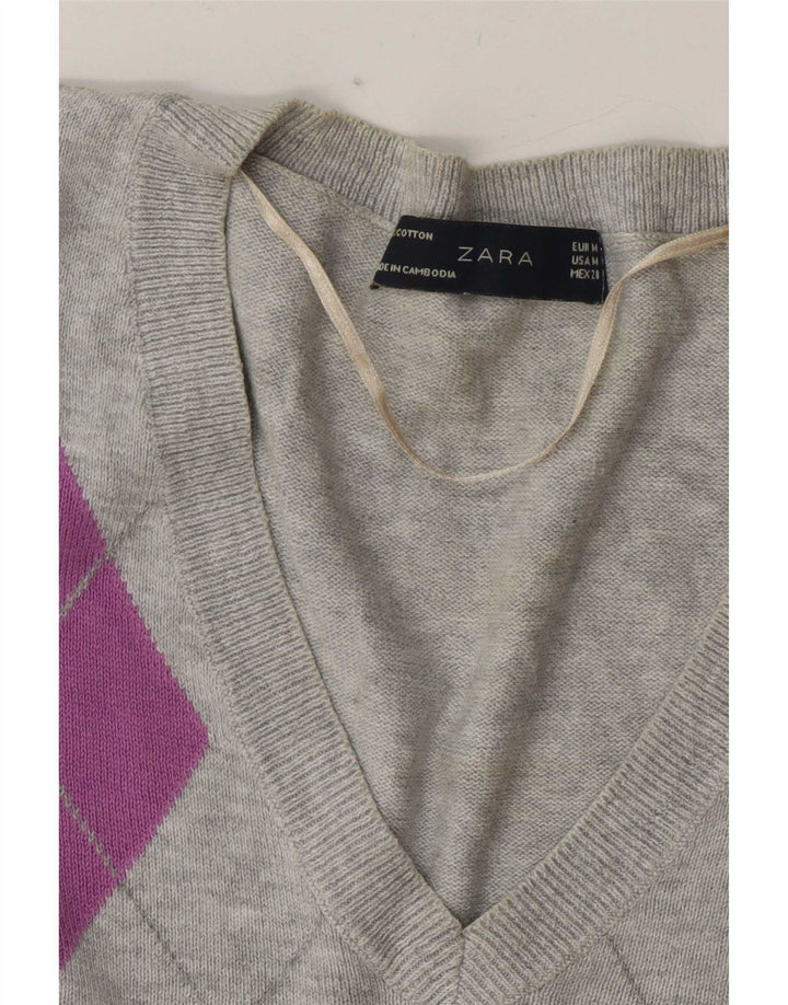 Zara Dame V-hals sweater UK 12 Medium Grey Argyle/Diamond