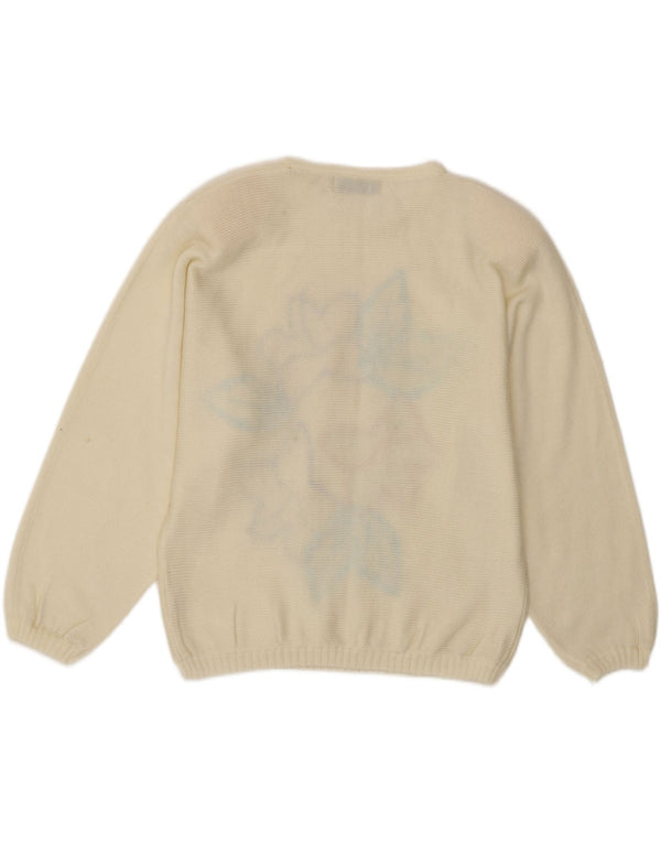 Vintage dame sweater med rund hals i én størrelse off hvid blomster akryl