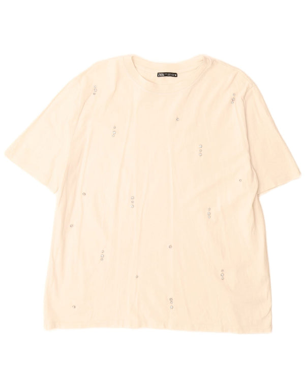 Zara Dame T-Shirt Top UK 14 Medium Hvid Bomuld