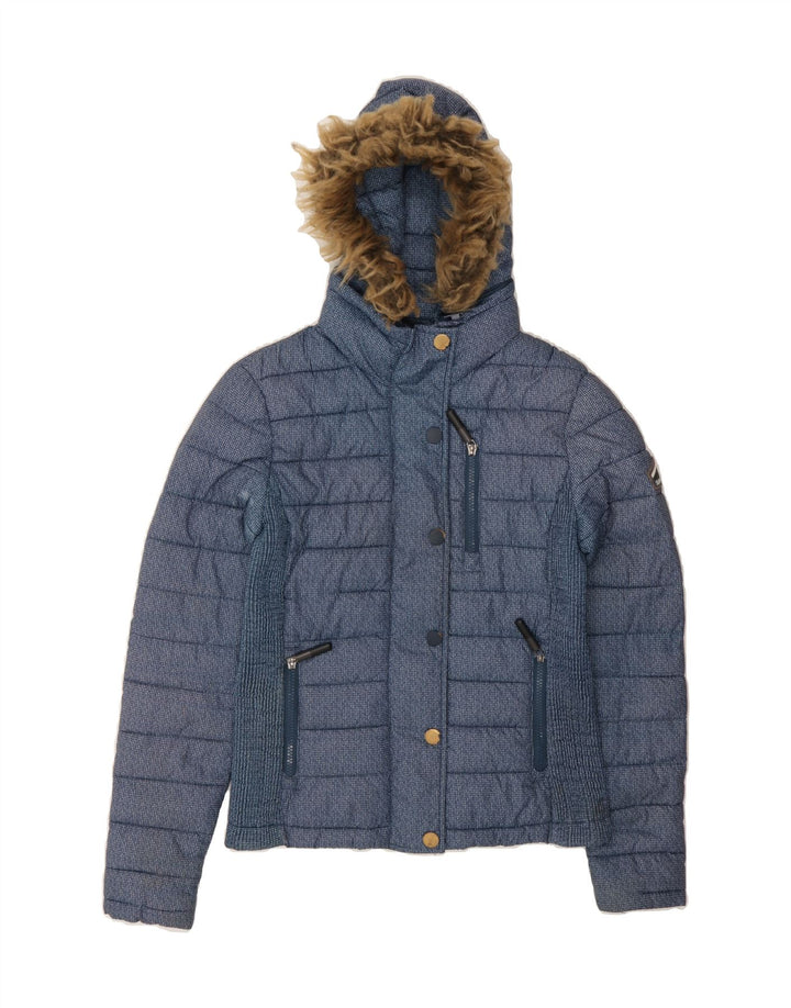 SUPERDRY Womens Hooded Padded Jacket UK 10 Small Navy Blue Polyester Vintage Superdry and Second-Hand Superdry from Messina Hembry 