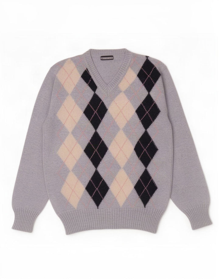 Vintage Herre V-hals trøje Sweater Large Blue Argyle/Diamond Wool