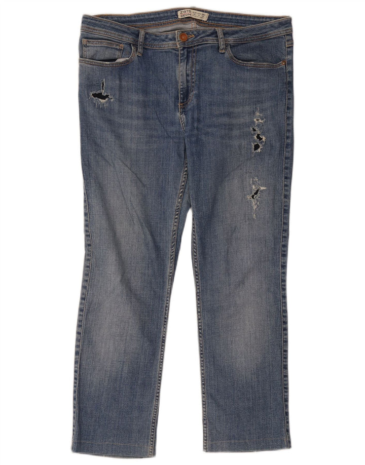 Zara Dame Distressed Straight Jeans EU 42 Large W32 L26 Blå