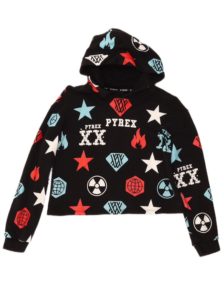 PYREX Girls Crop Graphic Hoodie Jumper 11-12 år XL Sort Geometrisk