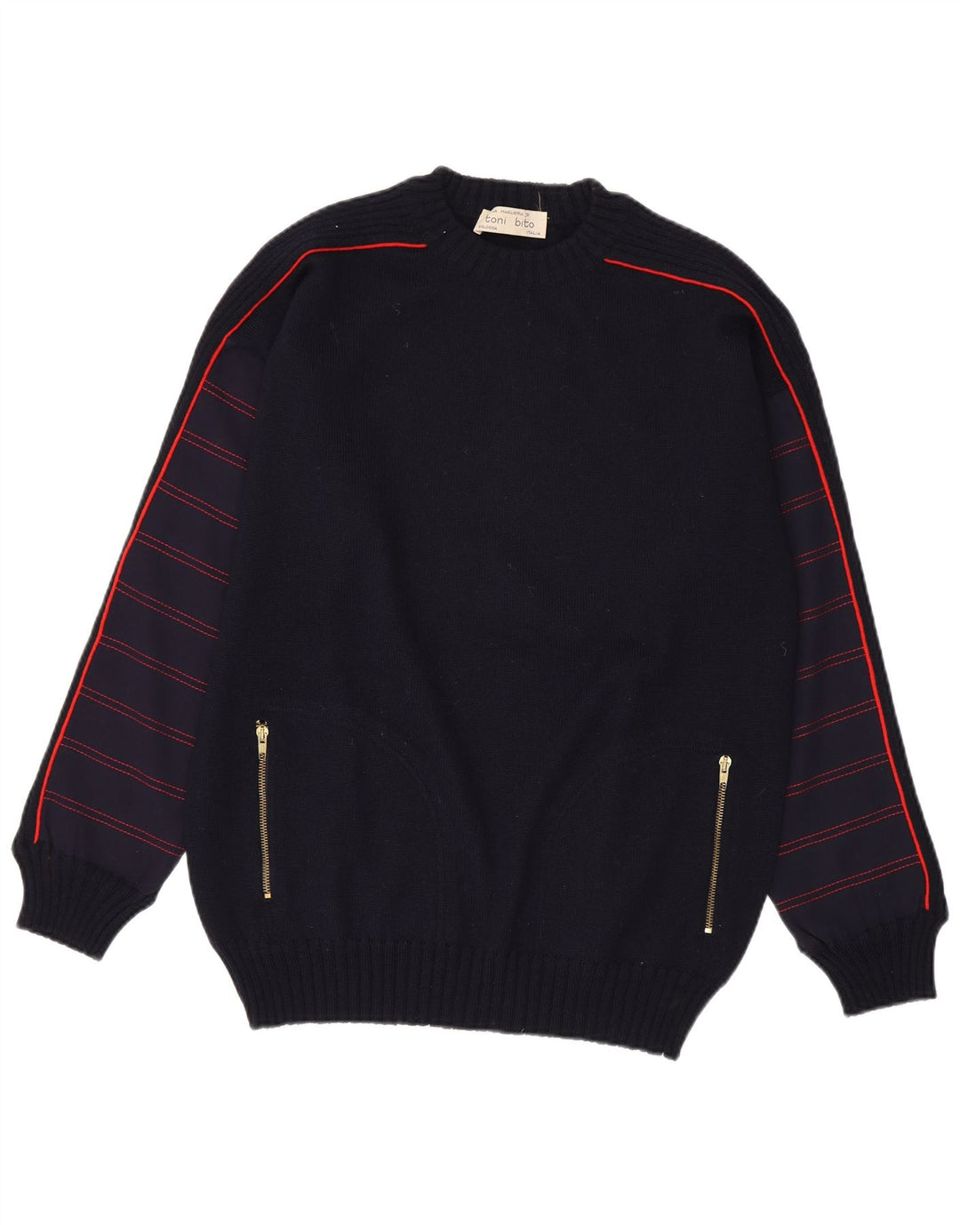 Vintage herre rund hals sweater medium marineblå stribet