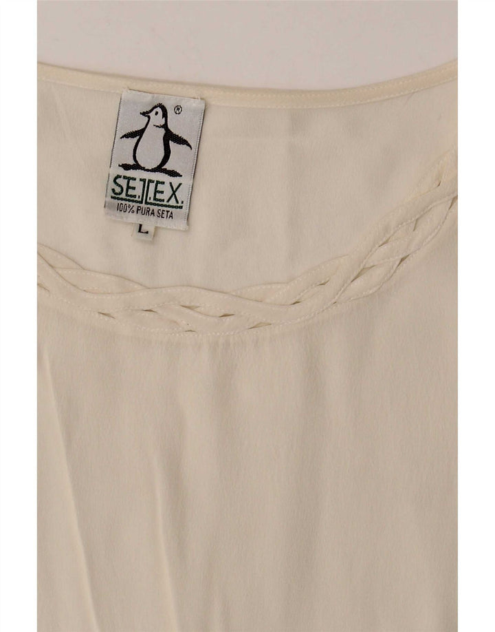 Vintage Dame Ærmeløs Bluse Top UK 14 Large Off White Silke