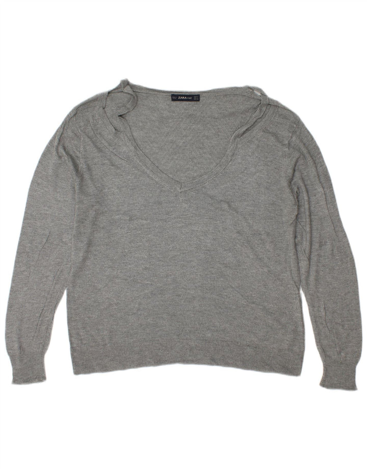 Zara Dame V-hals sweater UK 16 Stor Grå Viscose