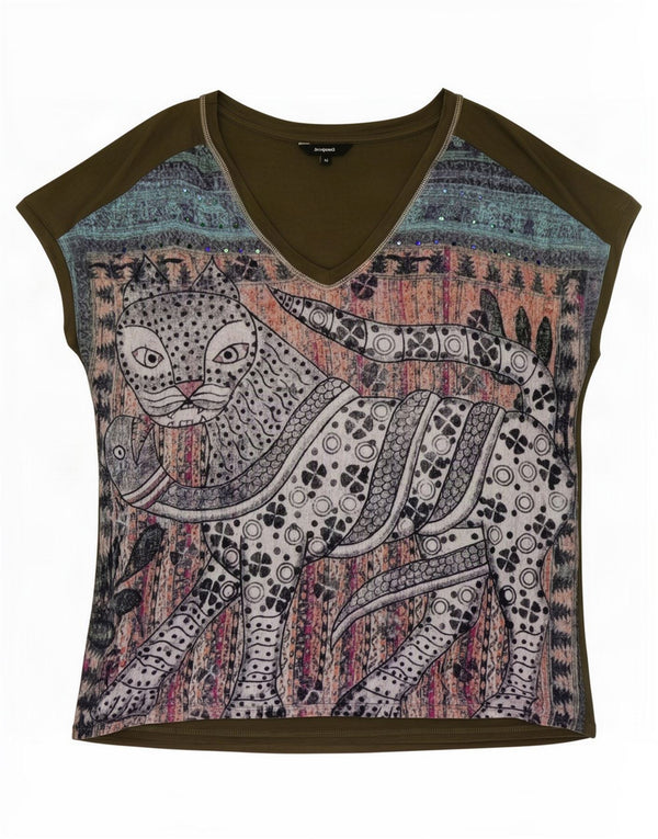 Desigual Womens Graphic T-Shirt Top UK 14 Medium Green Cat